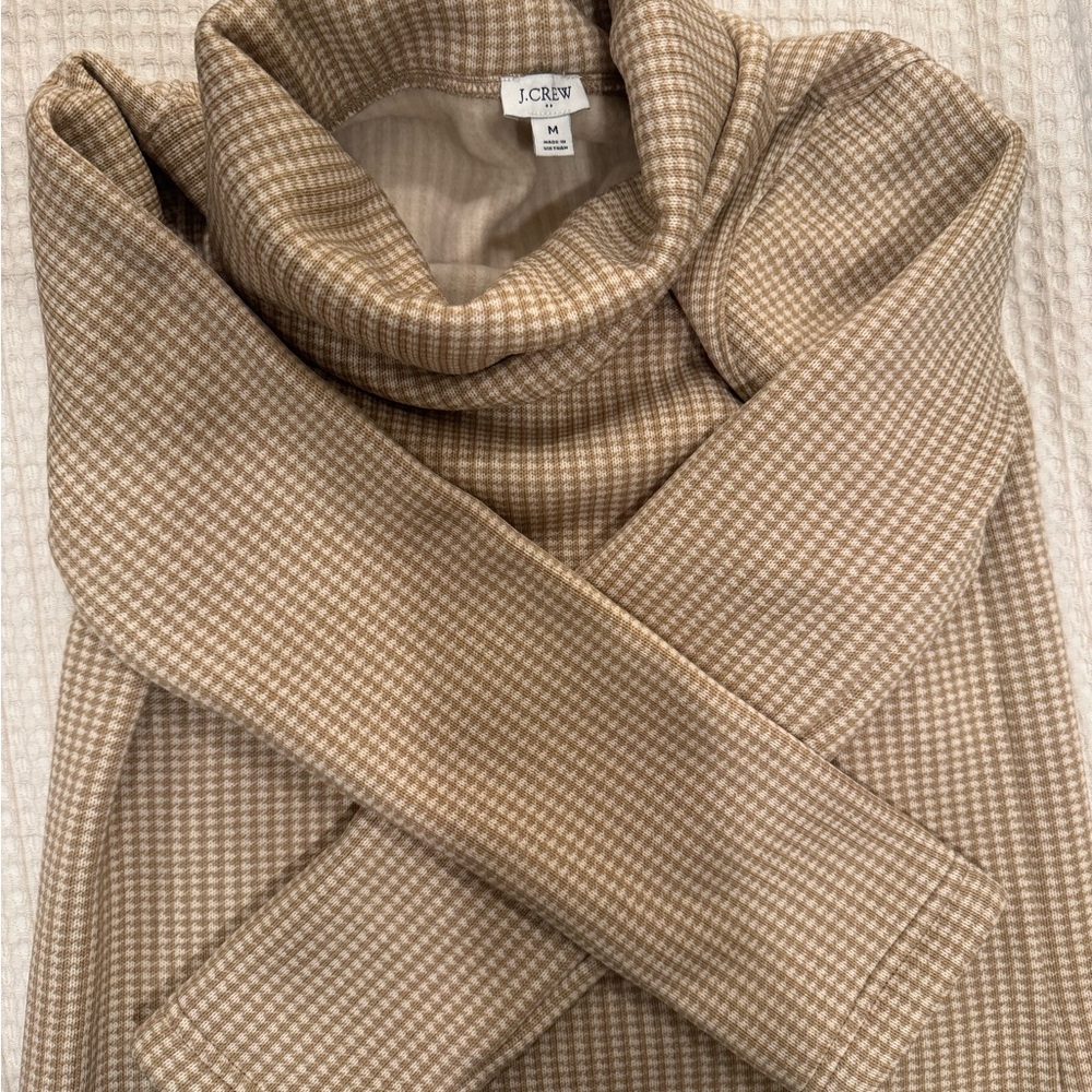 J. Crew Cream and Tan Houndstooth Mock Neck Sweater